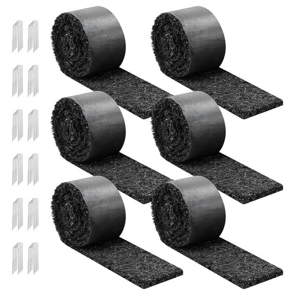 KFFKFF Rubber Mulch Mat Roll, 6 Rolls 120 x 4.5 in, Recycled Rubber Edging Border, Realistic Flower Barrier with Stakes, 0.5 in Thick Cuttable Garden Edging for Landscaping