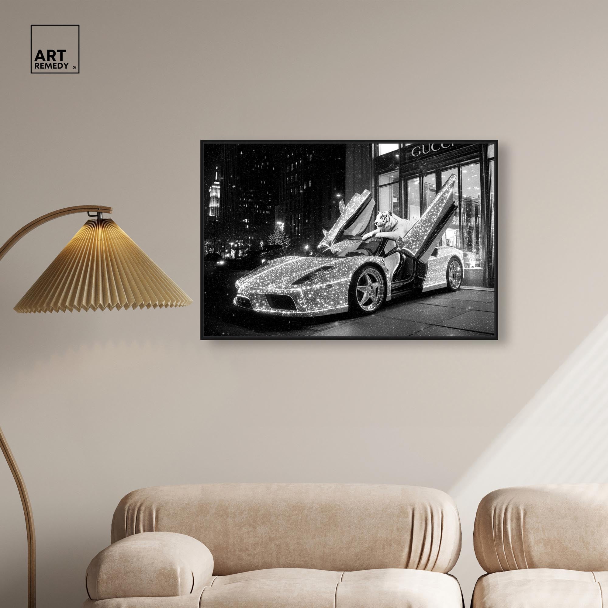 Glistening Tiger and Car Canvas Luxury Cars Prints by Art Remedy, Black Frame, 36 x 24