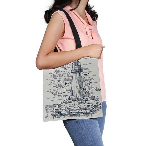 YUSDECOR Island With Rocks And Lighthouse Sketch Birds Near Clouds Canvas Shoulder Bags Handbags Tote Bags Shopping Bag
