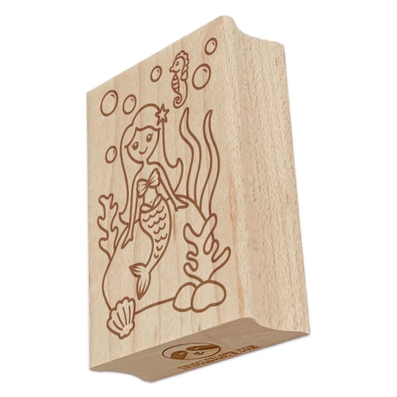 Mermaid Seahorse Under the Ocean Sea Shell Coral Rectangle Rubber Stamp Stamping Scrapbooking Crafting - Small 1.7in