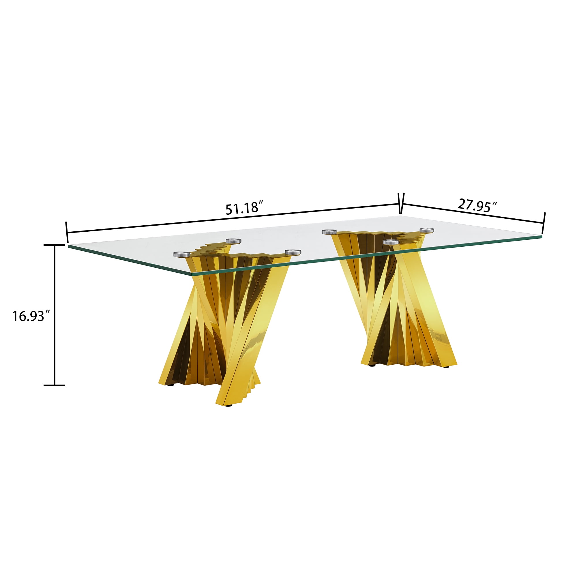 51" Glass Coffee Table with Rectangular Tempered Glass Top & Flash-Shaped Irregular Stainless Steel Base, Central Table, Cocktail Table, Tea Table for Living Room, Office.