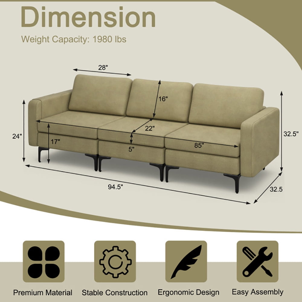 Finihen Sectional Sofa Couch, 3-Seat Sectional Sofa Couch with Armrest Magazine Pocket and Metal Leg, for Living Room, Bedroom, Green Finihen Sectional Sofa Couch, 3-Seat Sectional Sofa Couch with Armrest Magazine Pocket and Metal Leg, for Living Room, Bedroom, Green