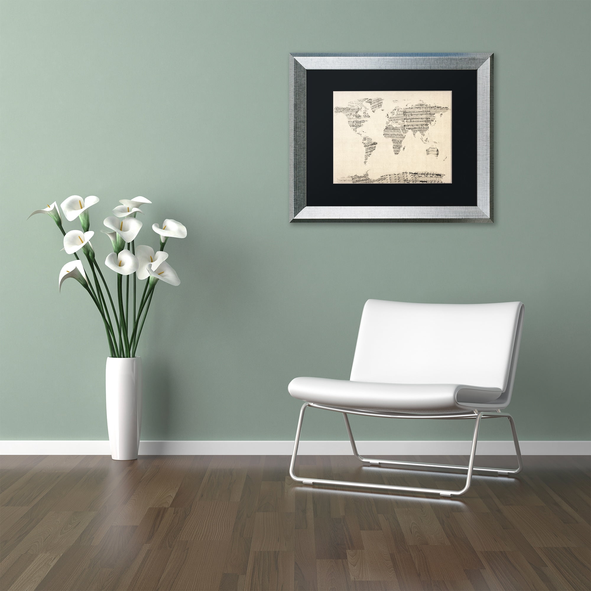 Trademark Fine Art "Old Sheet Music World Map" Canvas Art by Michael Tompsett Black Matte, Silver Frame