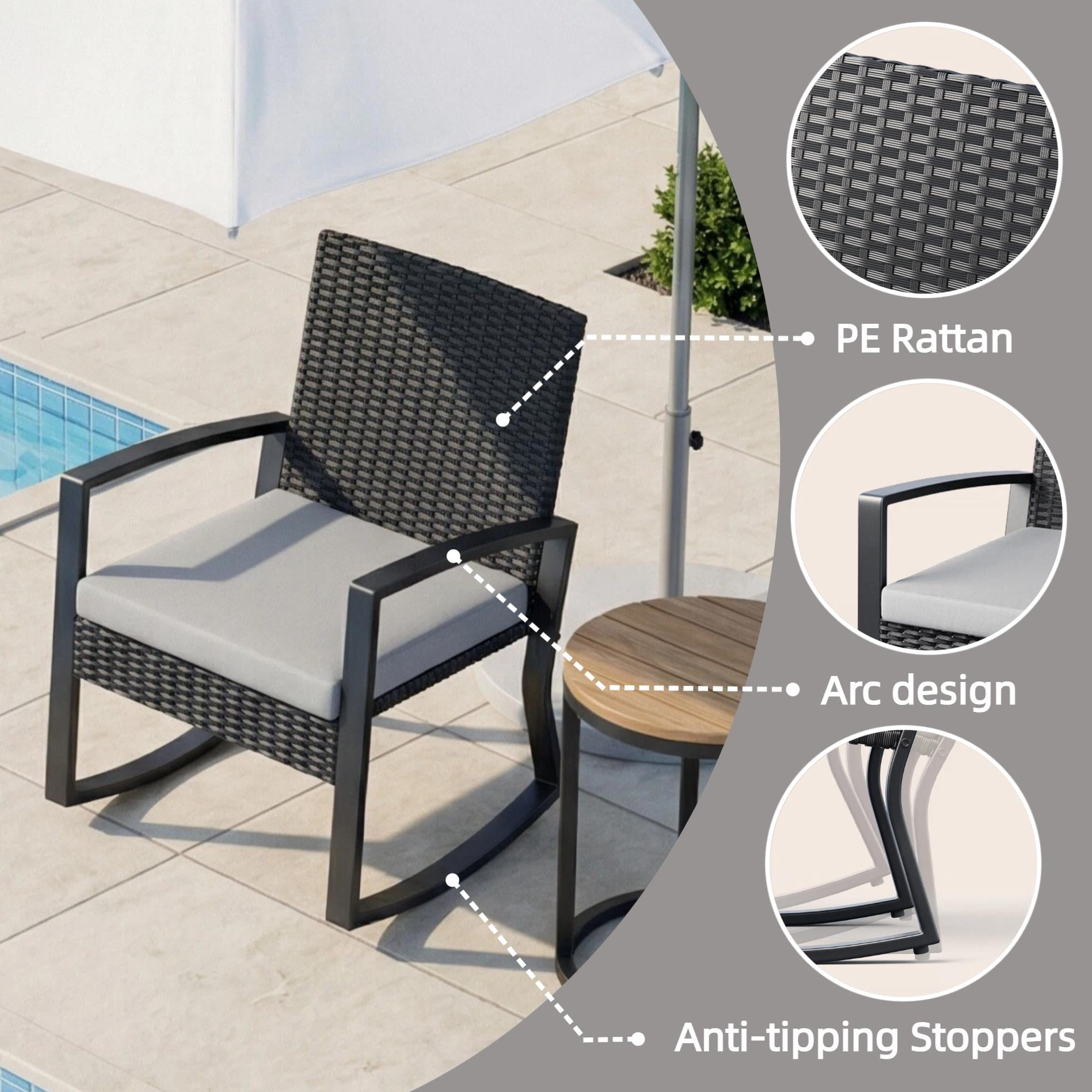 Patio Furniture Set, Lofka 4 Pieces Outdoor Conversation Set with Rattan Wicker Rocking Chairs, Removable Cushions & Glass Table, Gray