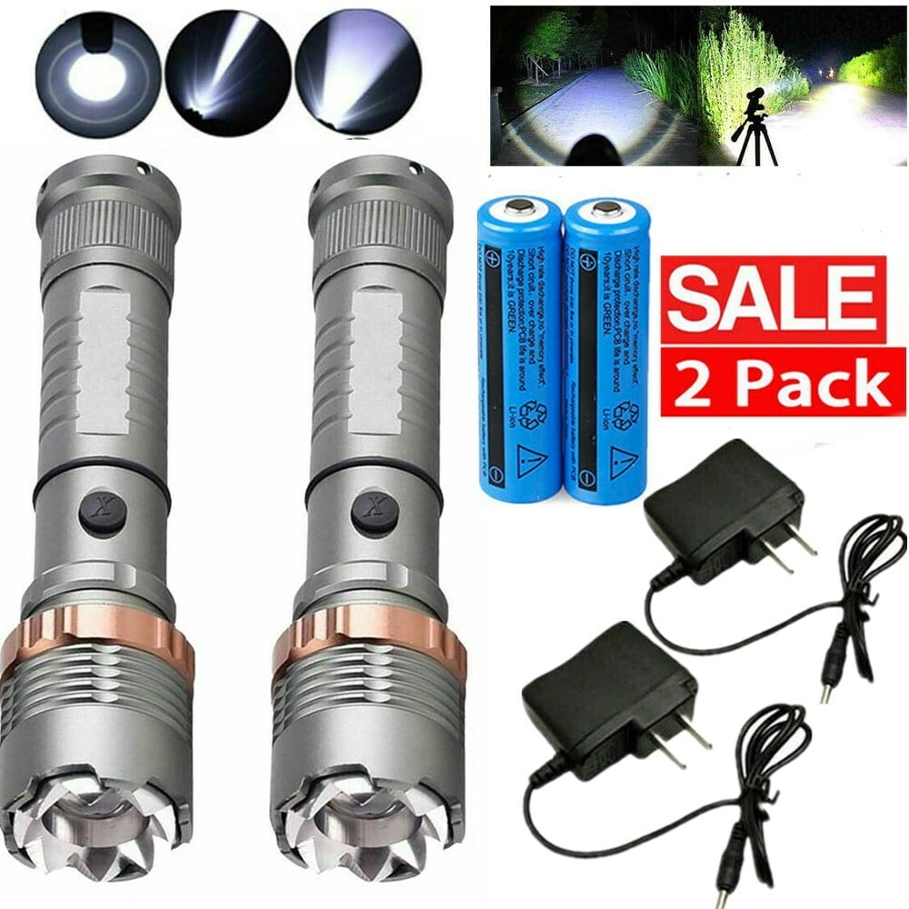 2-Pack Rechargeable LED Flashlights 5 Modes Zoomable 100m Range for Camping Hiking Emergency, Aluminum Alloy 6.5in Tactical Handheld Torch with 18650 Batteries and Dual Chargers Included Outdoor Gear