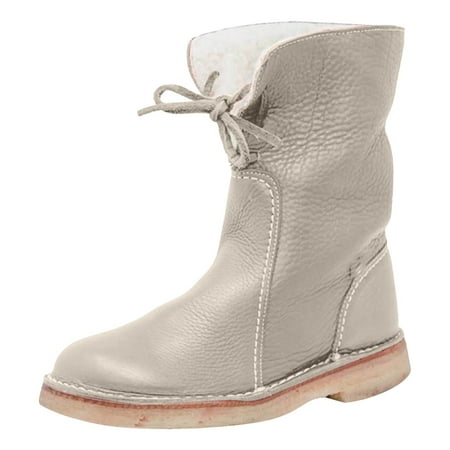 

Oyedens Mid Calf Combat Boots for Women Vintage Fleece Lined Leather Flats Winter Snow Ankle Booties