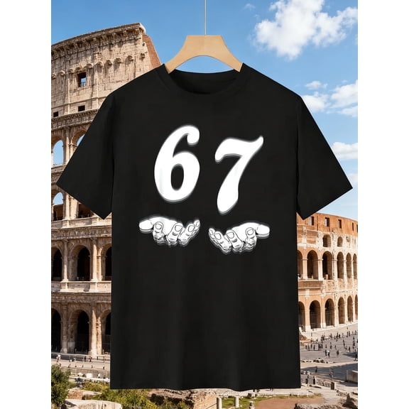 Men'S Vintage Number 67 Palm Print T-Shirt | Retro 67 Design with Palm Trees & Roman Colosseum-Inspired Arch - Casual Round Neck Short Sleeve Tee - Lightweight, Machine Washable Summer Shirt For Men