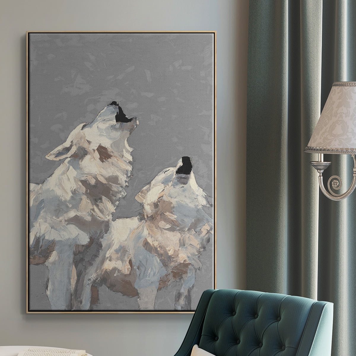 Midnight Wolves Framed Premium Gallery Wrapped Canvas - Ready to Hang - 27 x 41 - Natural Wood Floating Frame
