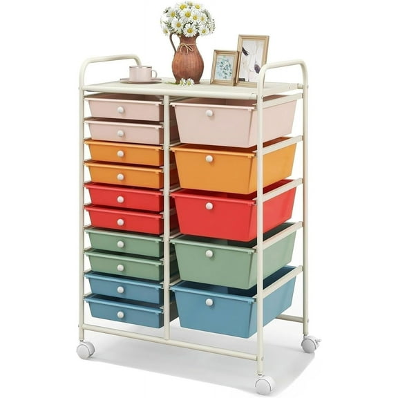 KOTEK 15-Drawer Rolling Storage Cart, Multipurpose Mobile Utility Cart with 4 Wheels, Home Office School Tools Scrapbook Paper Organizer (Multicolor-Combo3)
