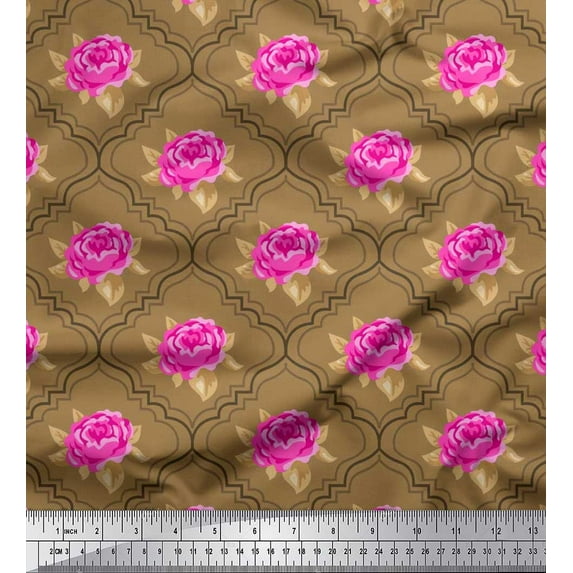 Soimoi Rayon Fabric Quatrefoil Design,Leaves & Rose Floral Print Sewing Fabric Yard 56 Inch Wide