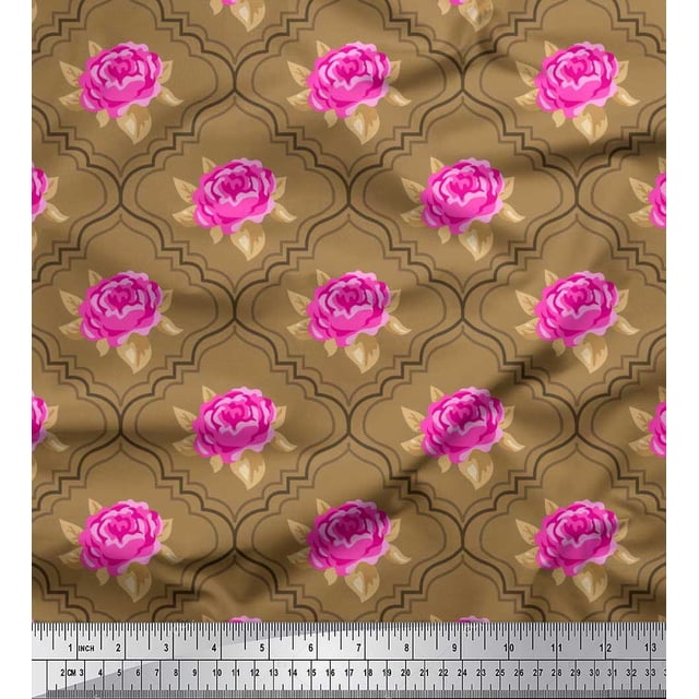 Soimoi Tissu de Velours Conception de Quadrillage, Feuilles & Roses Imprimés en Tissu Floral par Yard 58 Pouces de Large