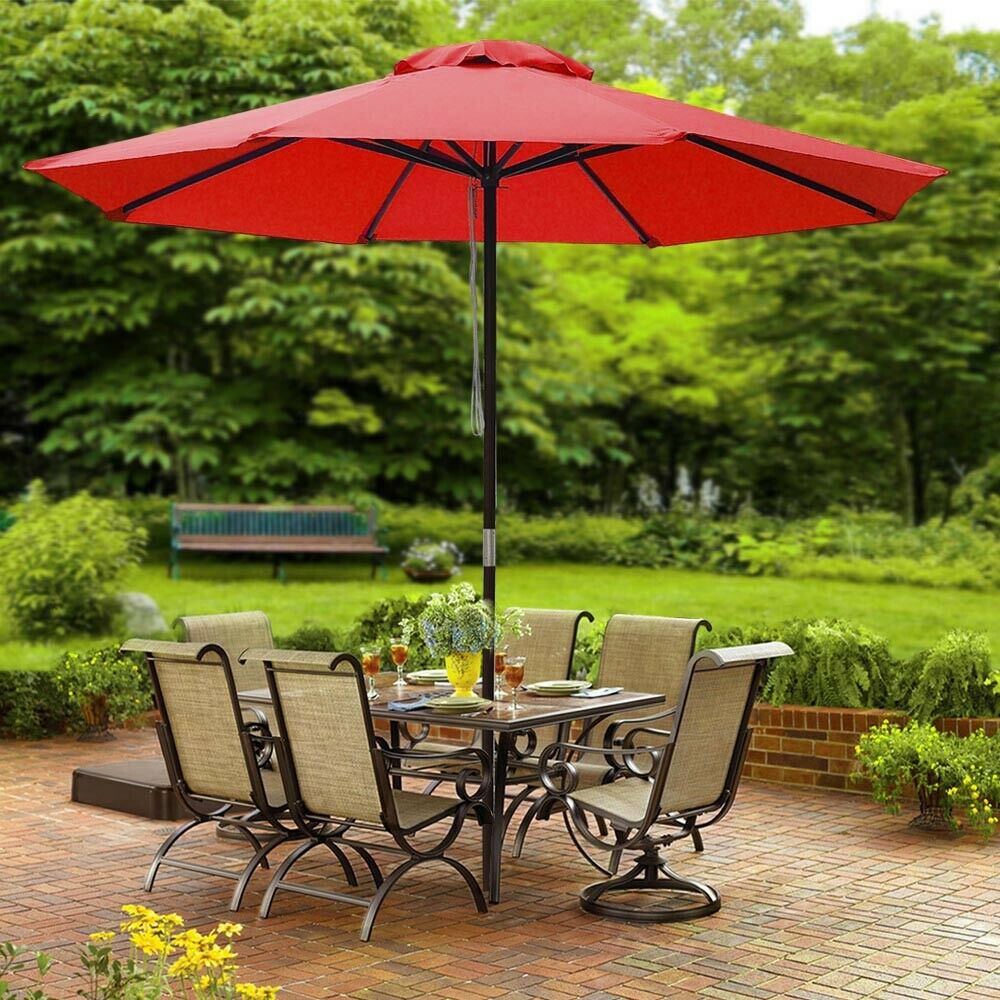 9ft Patio Umbrella Wood Pulley Control Market Outdoor Yard Beach Garden Bar