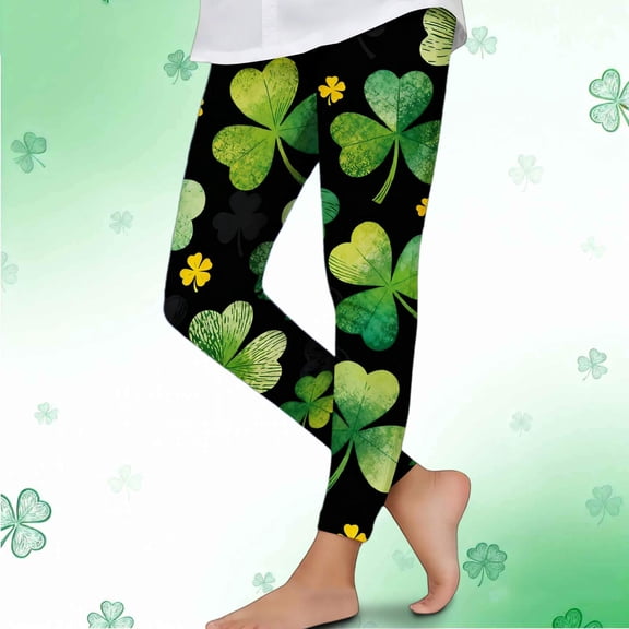 Avrnliq Girls St. Patrick's Day Green Clover Stretchy Leggings, 95% Polyester 5% Spandex, Size 110-150 for School & Holiday Parades,Size 5 T
