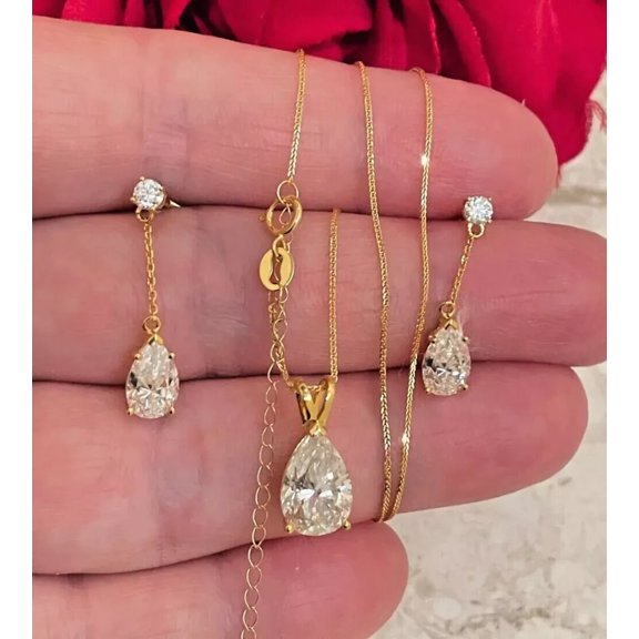 3.00Ct Pear Cut Lab Created Diamond 14K Yellow Gold Plated Women's Jewelry Set