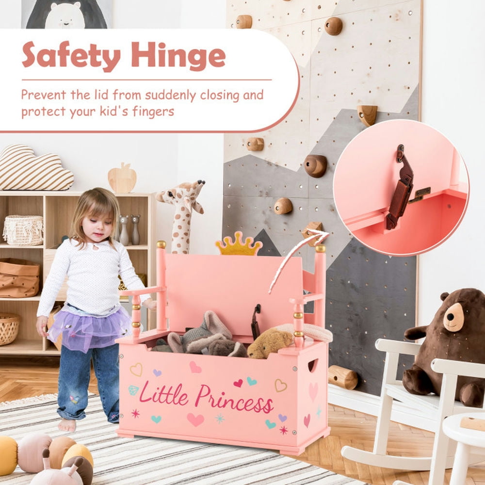 Resenkos 2-In-1 Kids Princess Wooden Toy Box with Safe Hinged Lid-Pink, Kids Toy Storage for Kids, Boys, Girls, Nursery