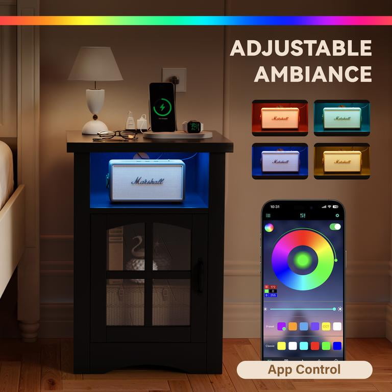 Homall Nightstand with Charging Station & Adjustable LED Lights, End Table Bedside Table with Glass Door & Open Shelf for Bedroom Living Room, Black
