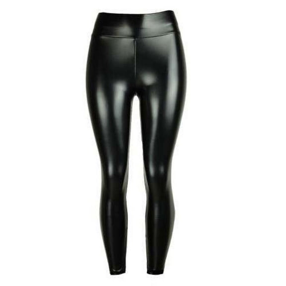 Vegan Faux Leather Women's High Waisted Pants, Black, S
