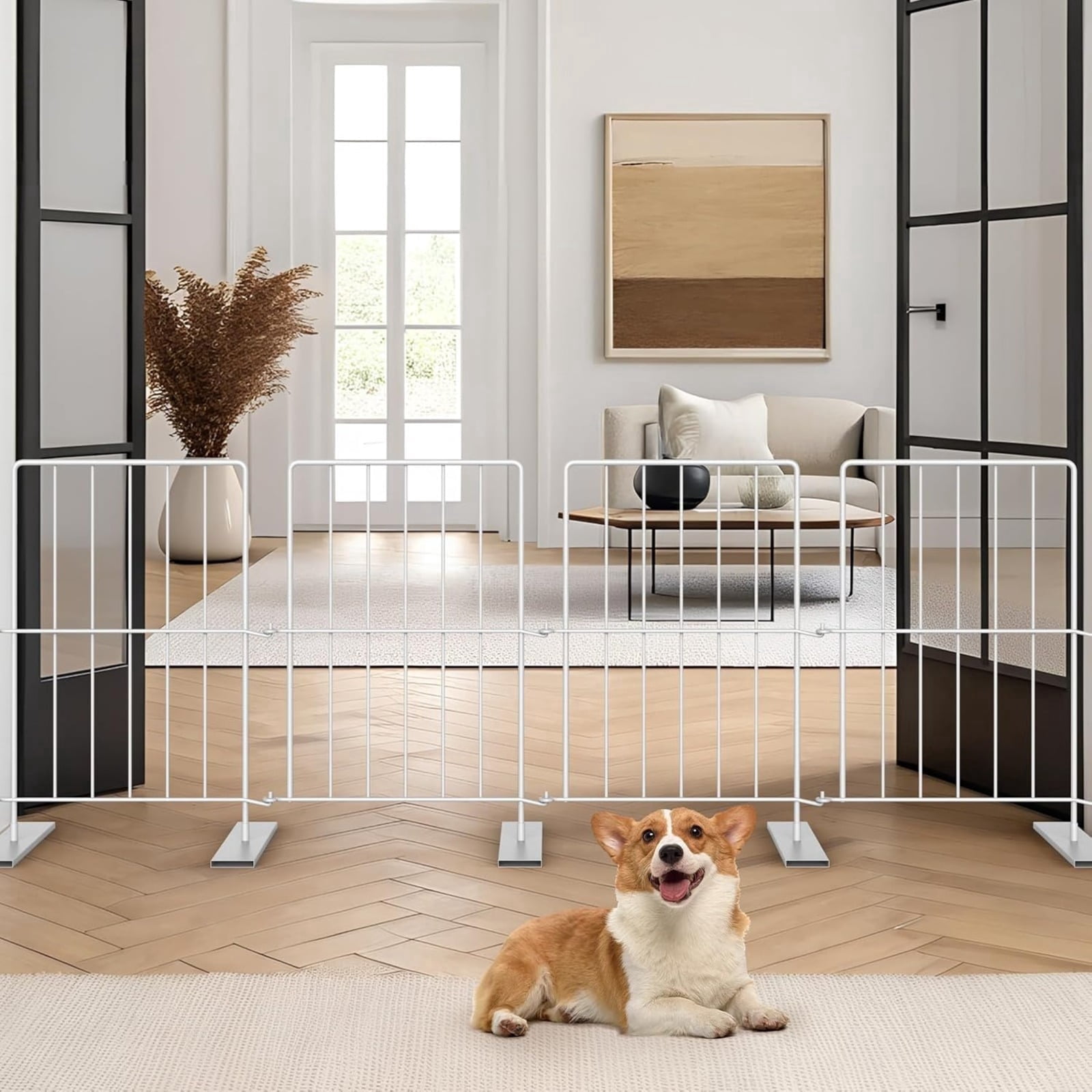 Adjustable Pet Gate, 12.6" to 49" Expandable Freestanding Dog Fence, 17.3" Short Metal Puppy Barrier with 4 Foldable Panels, Indoor Dog Gate for Doorways Hallways Stairs – No Drilling, Space Saving