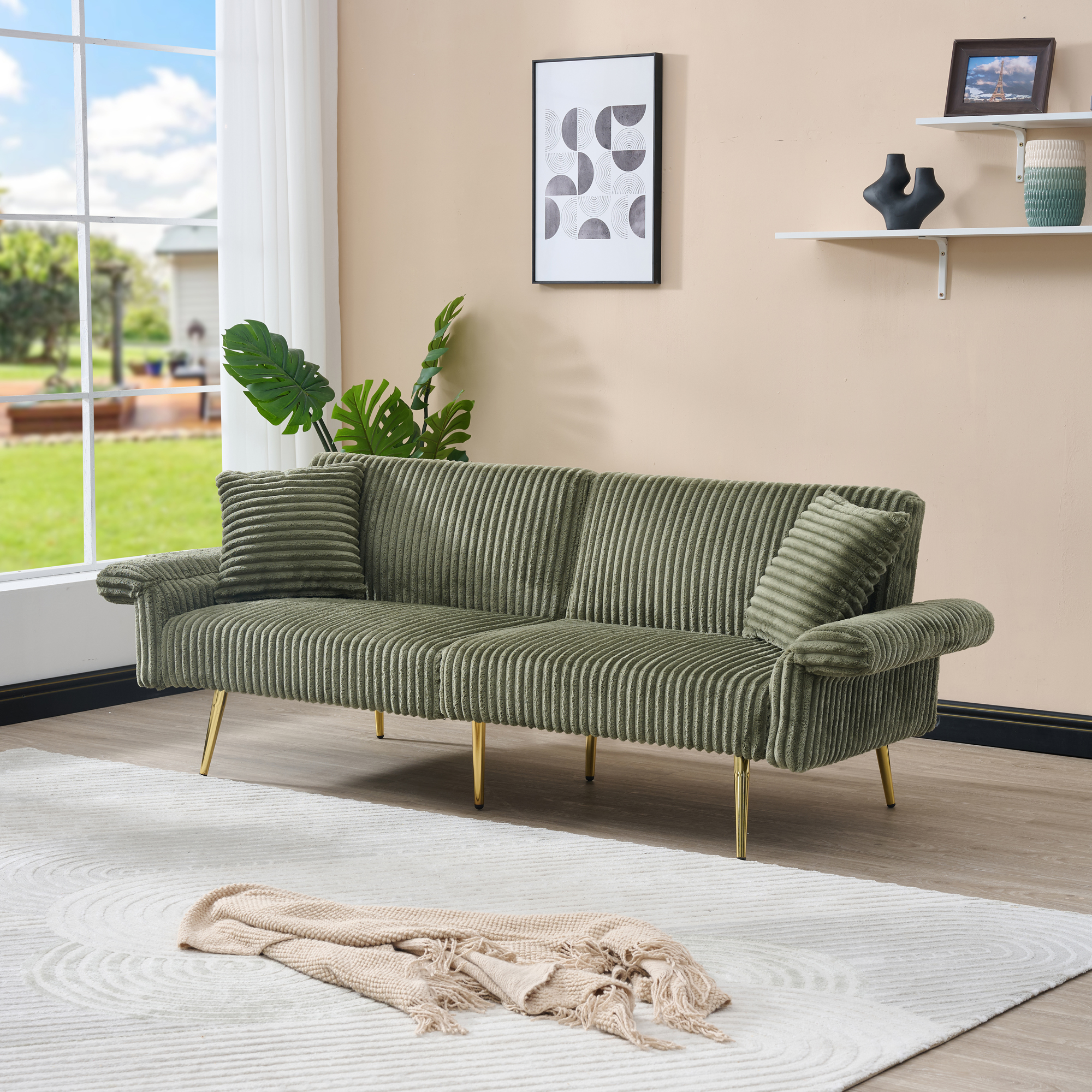 BSHTI 79 inch Corduroy Sofa Bed, Foldable Double Sofa Couch with Folding Armrests, Modern Sofa Couch Suitable for living rooms and small spaces