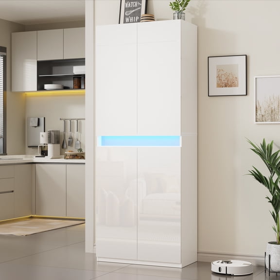 71" Tall Kitchen Pantry, Pantry Storage Cabinet with High Gloss Doors, Modern Buffet Hutch Cabinet with Led Light and Adjustable Shelves for Dining Room, Living Room, White