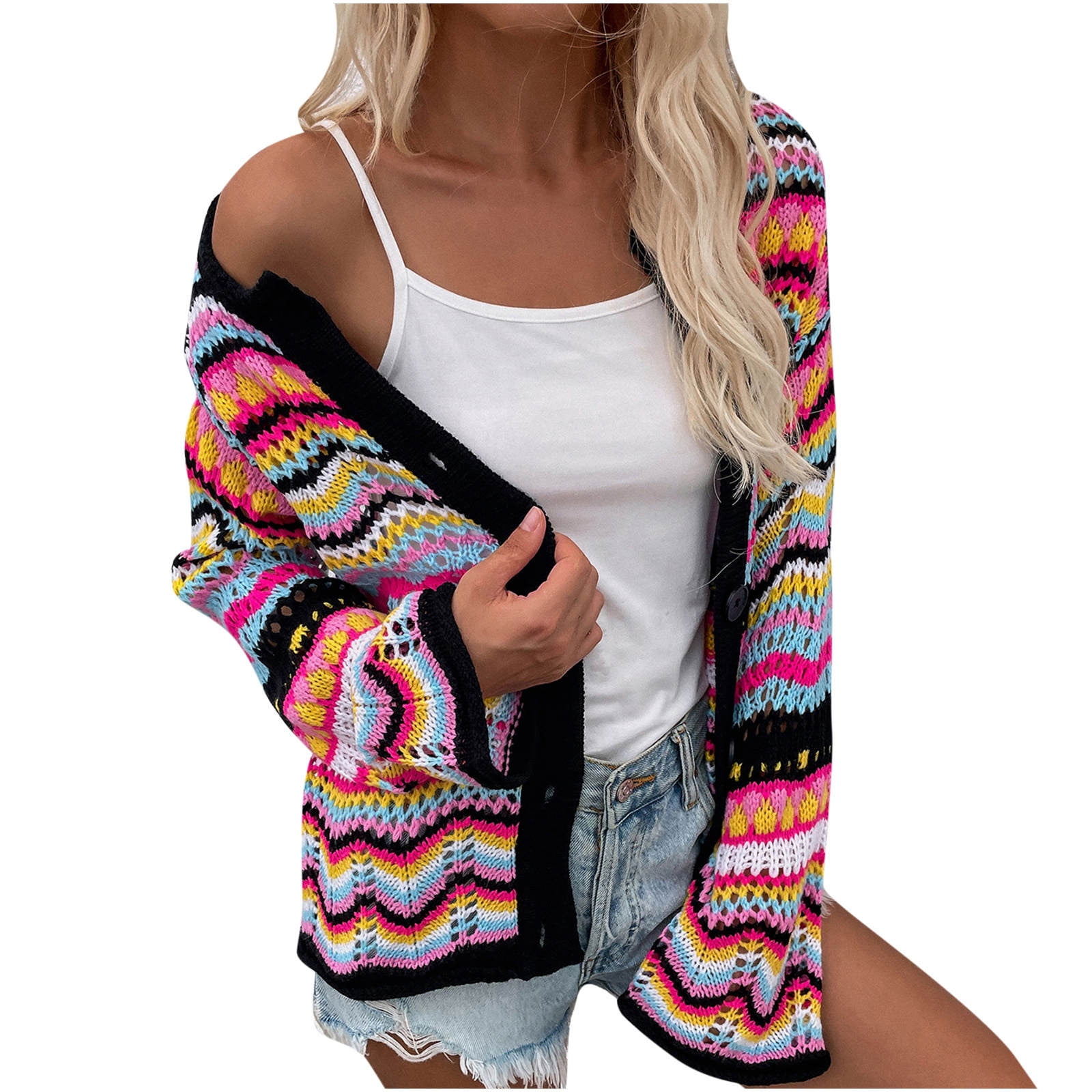 RQYYD Women's Hollow Knit Cardigan, Multicolor Striped, Long RQYYD Women's Hollow Knit Cardigan, Multicolor Striped, Long