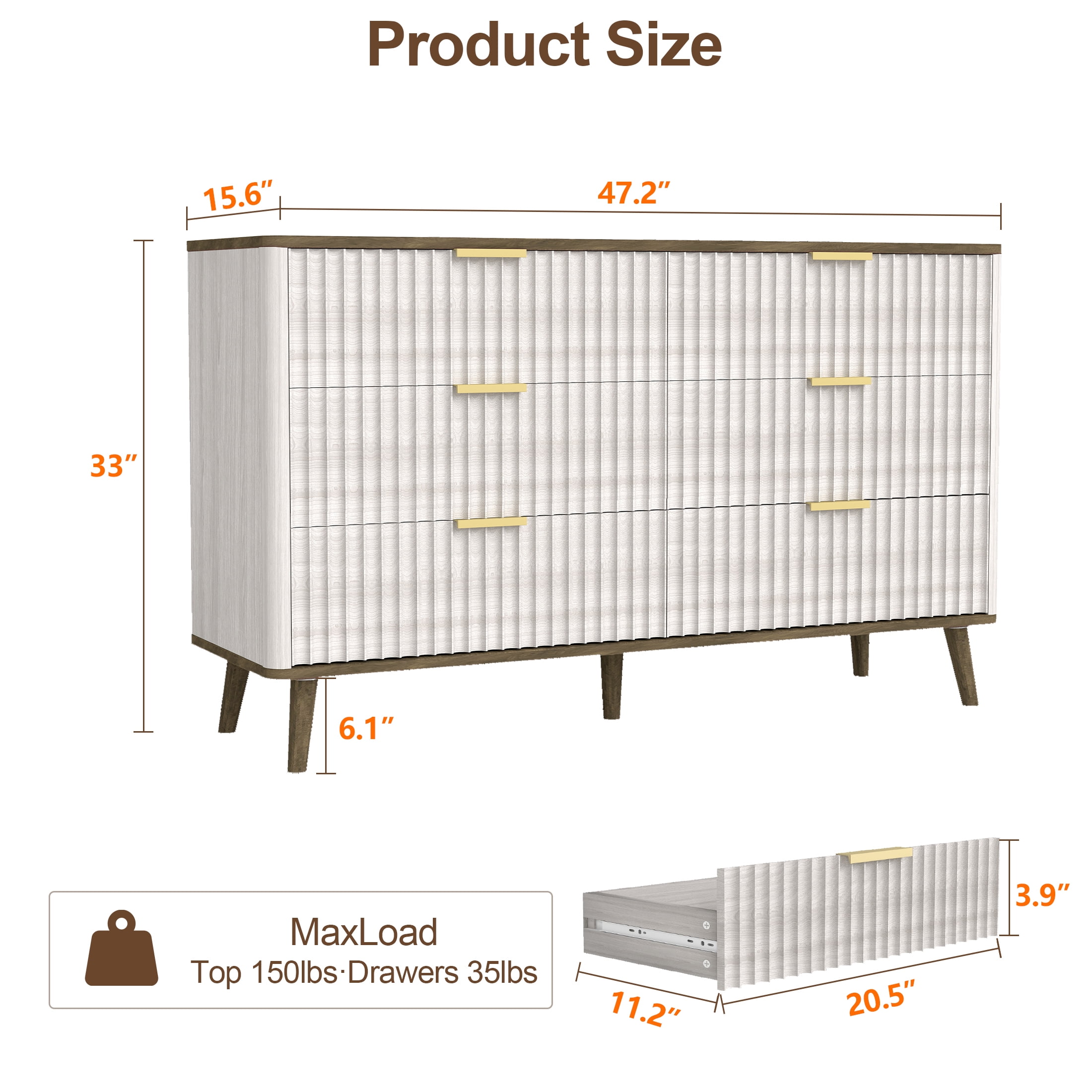 TrumanPick Fluted Dresser for Bedroom with 6 Drawers, 47" Wide Modern Chest of Drawers with Metal Handle, Wooden Dresser for Living Room Closet Hallway, Natural & Walnut