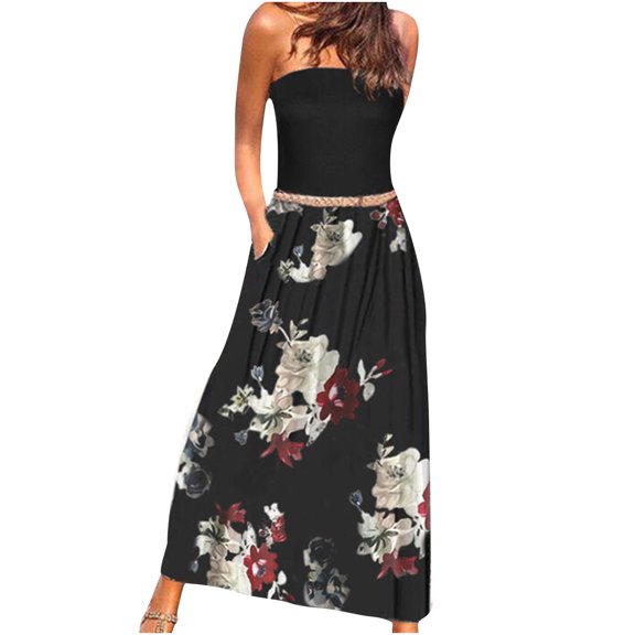 Wycnly Dresses for Women Beach Boho Elastic Waist Strapless Maxi Sundress with Pocket Sleeveless Tube Top Striped Print Summer Long Formal Dress Black m