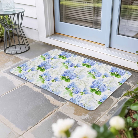 Summer Hydrangeas Door Mat Indoor Outdoor, White Blue Flowers Pastoral Leaves Non Slip Welcome Mat with Rubber Backing, Absorbent Fabric Front Door Mats Entryway Rug for Home Patio Entrance 18"x30"