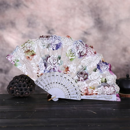 

Baabni Best Chinese Style Dance Wedding Party Lace Silk Folding Hand Held Flower Fan