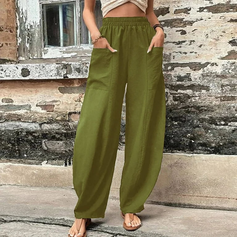 Womens Wide Leg Lounge Pants With Front Pockets Solid Color Loose Trousers  Fashion Plus Size Casual Beach Pants (Medium, Army Green), Army Green Pants  Outfit Women's