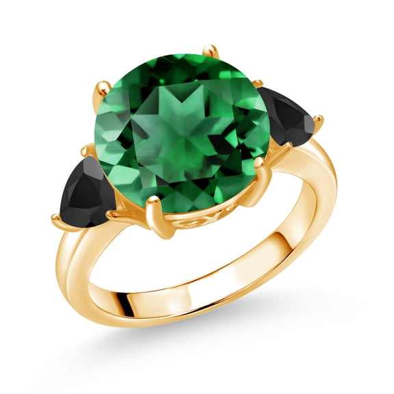 Gem Stone King 18K Yellow Gold Plated Silver Green Nano Emerald and Black Onyx 3-Stone Ring for Women (5.72 Cttw, Round 12MM, Trillion 5MM, Size 8)