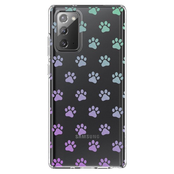 DistinctInk Clear Shockproof Hybrid Case for Samsung Galaxy Note 20 (6.7" Screen) - TPU Bumper, Acrylic Back, Tempered Glass Screen Protector - Graident Pawprints - Purple to Green