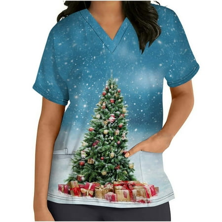 

JWZUY Christmas Scrub Tops for Women Graphic Nurse Nursing Working Uniforms V Neck Short Sleeve Holiday Scrub Top with Pockets Casual Blouses Tee Shirts T-Shirts Tshirt Green XL
