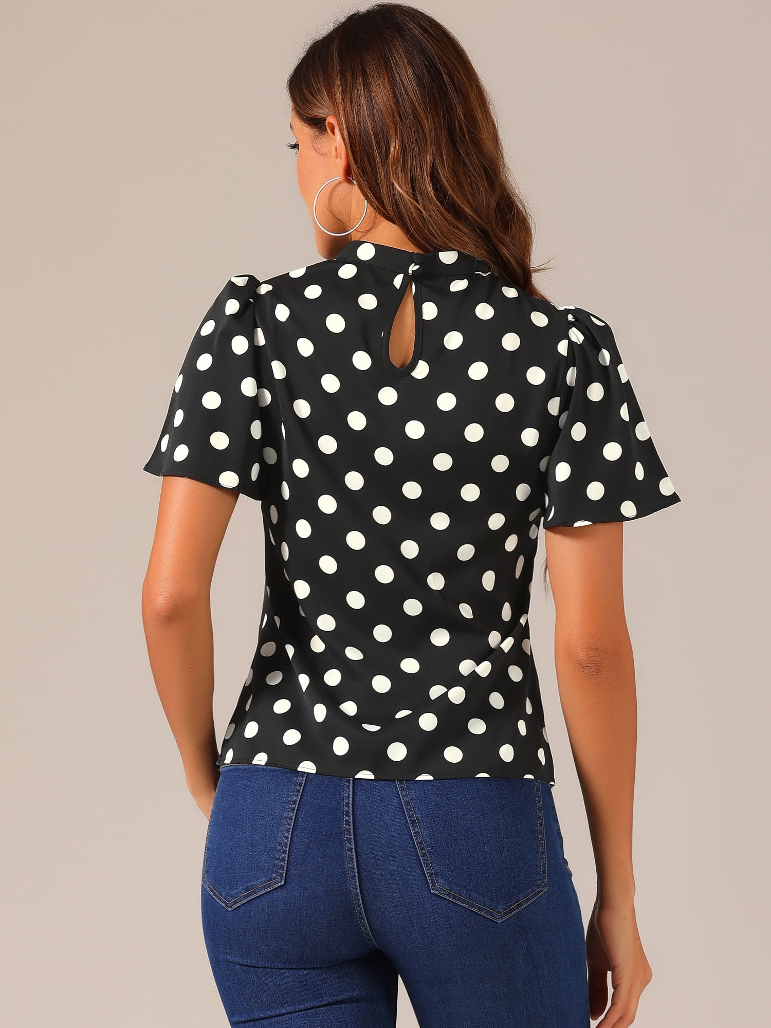 DARING DIVA Polka Dots Stand Collar Short Flare Sleeve Top M Black