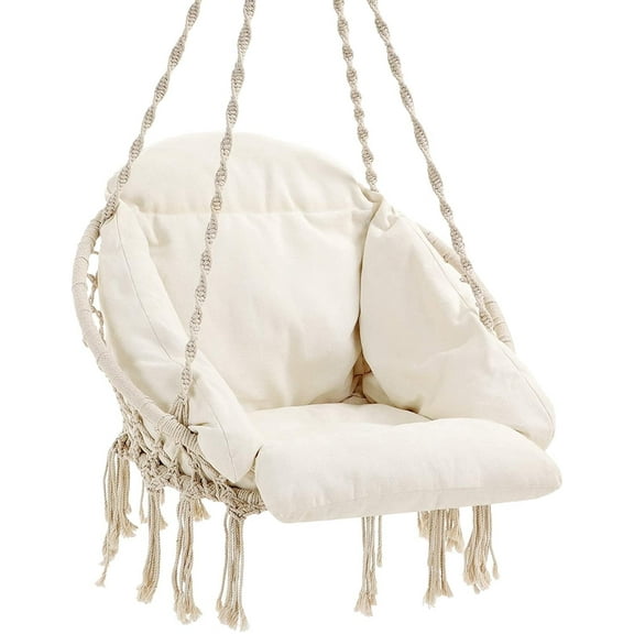 Hanging Chair, Hammock Chair with Large Cushion, Boho Swing Chair for Bedroom, Patio, Balcony, Garden, Holds up to 264 lb, Accessories Included, Cloud White