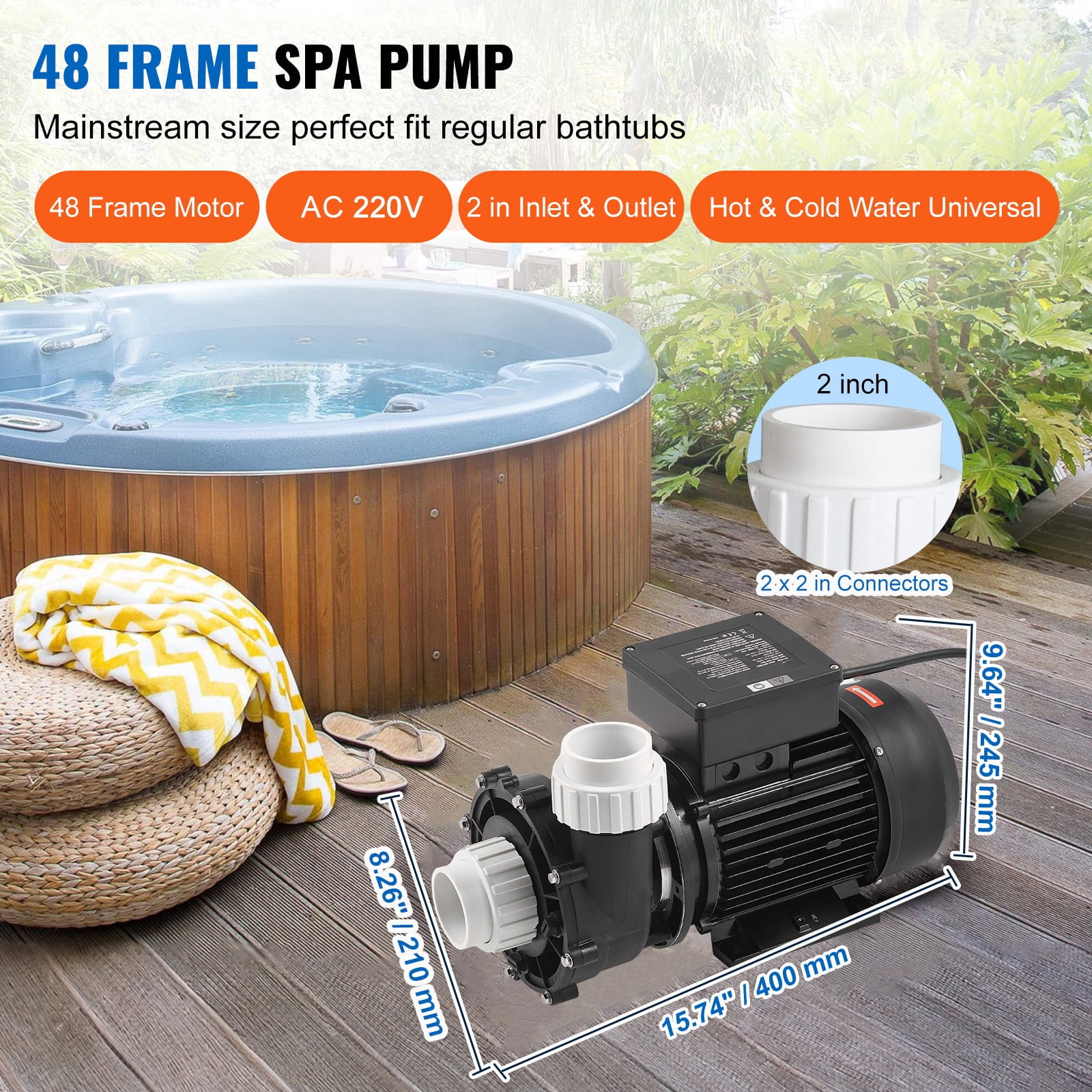 KFFKFF Dual Speed SPA Pump, 48-Frame, AC 110-120V Hot Tub SPA Pump, 1.5HP/150GPM/42.65ft High Speed or 0.46HP/70GPM/9.18ft Low Speed, 2" Port 90° Rotational Interface for Hot Tub