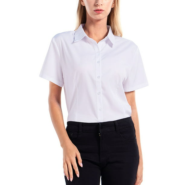 WBQ Women's Button Down Short Sleeve Work Office Shirt Lapel Short ...