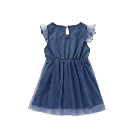 

Binpure Toddler Mesh Denim Dress Baby Girl Summer Solid Color Fly Sleeve Round Neck One-piece