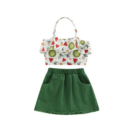 

Frobukio Little Girls 2Pcs Skirt Outfits Halter Sliced Fruits Crop Camisole + Plain Frayed Hems Short Skirt Green 3-4 Years