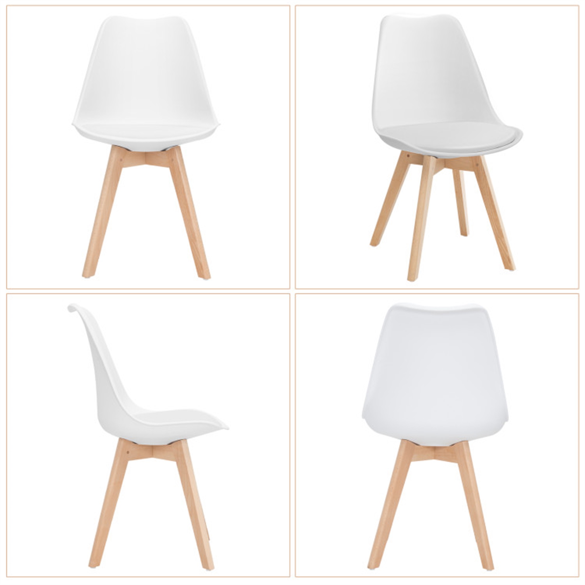 Demi Bonn Set of 4 Dining Chairs Mid-Century Modern Shell PU Seat with Wooden Legs, White