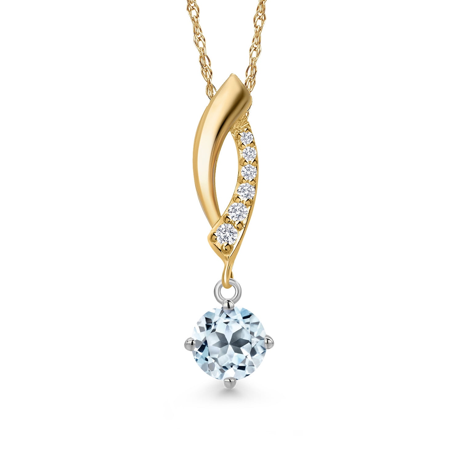 Gem Stone King 925 Silver and 10K Yellow Gold Sky Blue Topaz and Lab Grown Diamond Pendant Necklace for Women | 0.73 Cttw | Gemstone November Birthstone | Round 5MM | With 18 inch Chain
