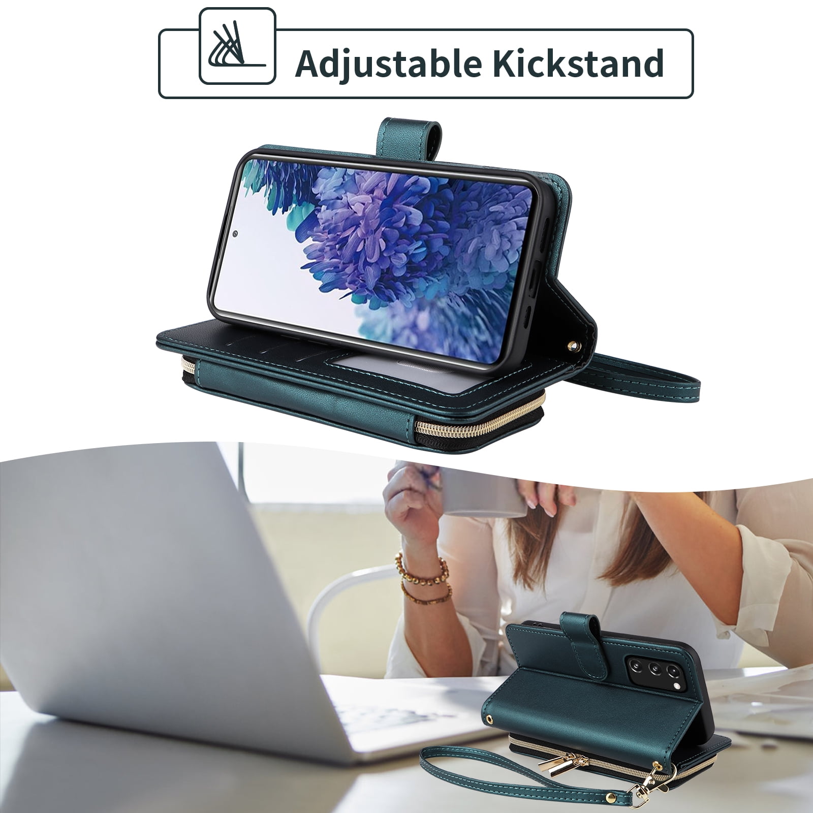 Furiet Wallet Case for Samsung Galaxy S20 FE 5G 6.5 inch with Wrist/Shoulder Strap, Card Slots Luxury PU Leather Stand Phone Cover for S 20 EF UW S20FE5G S20FE 20S S2O Fan Edition 4G G5 Women Green