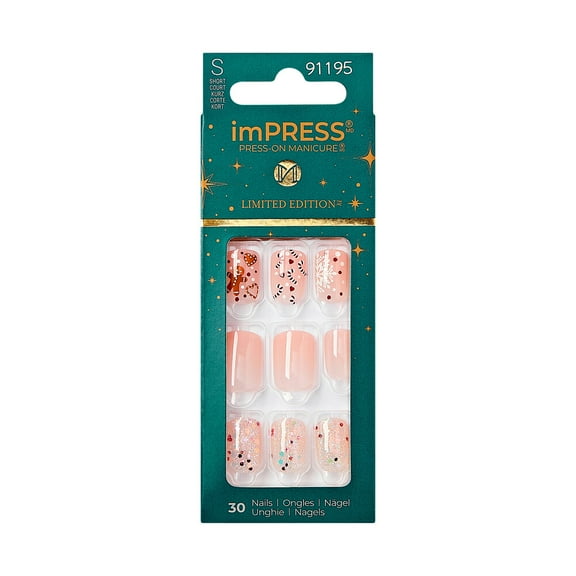imPRESS Holiday Press-On Nails, Snowy Village, Neutral, Short, Square Shape, 30 Ct.