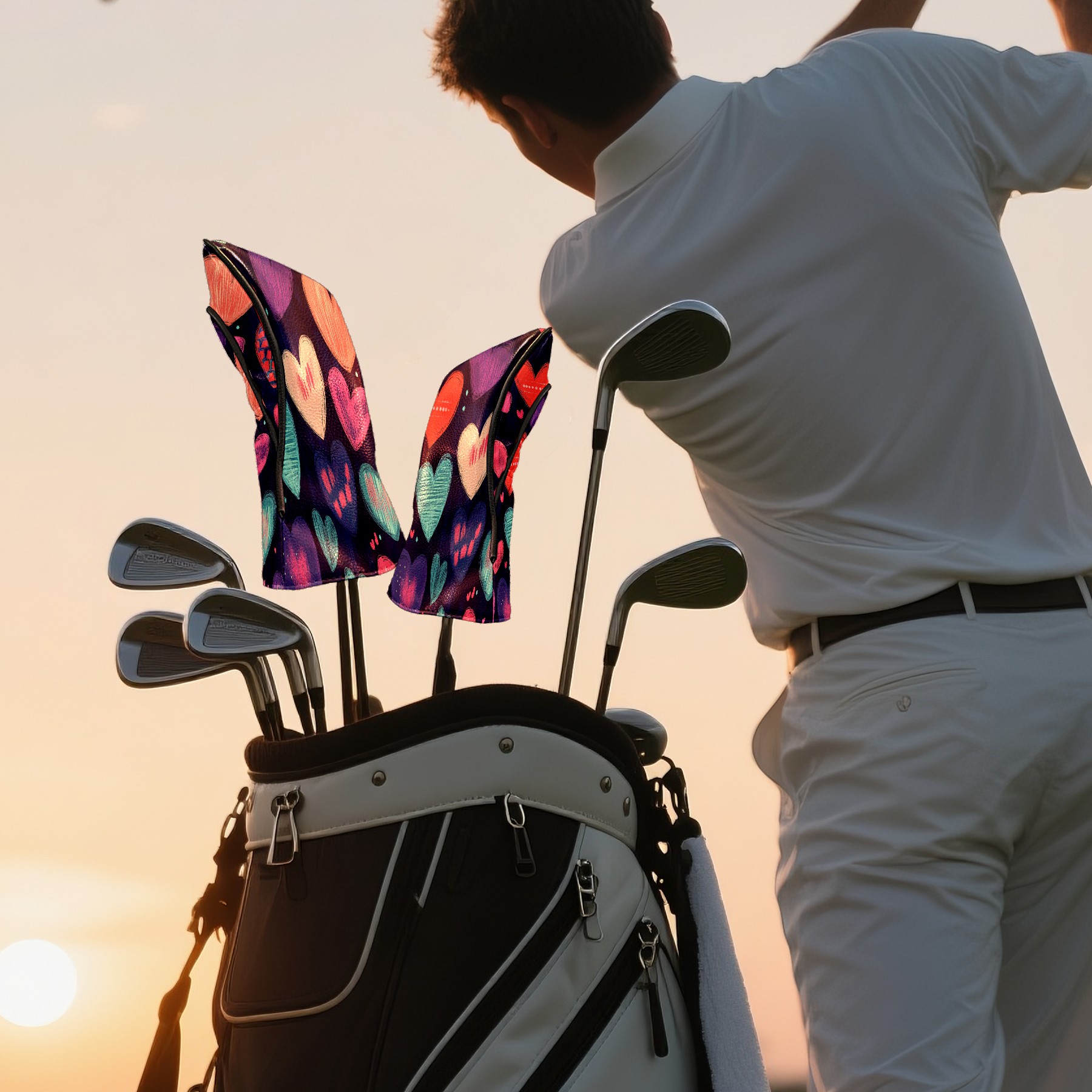 Golf Club Covers PU Leather Waterproof Head Covers for Fairway Woods Hybrids Graffiti Heart Pattern