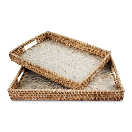 

Set 2 Pack Rectangular Rattan Wicker Tray with Mother of Pearl Inlay Wooden Base With Handle for Home Decor and Display