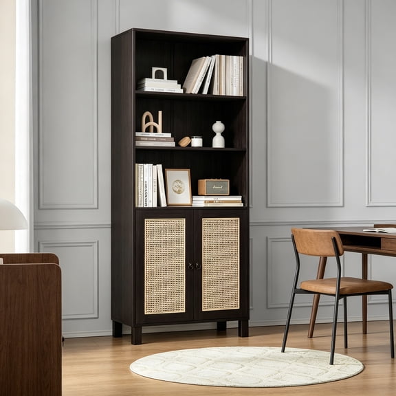 Tall Bookcase with Rattan Doors, 5 Tier Storage Wood Shelves, Large Bookshelf for Library, Living Room, Bedroom, Home Office, Walnut
