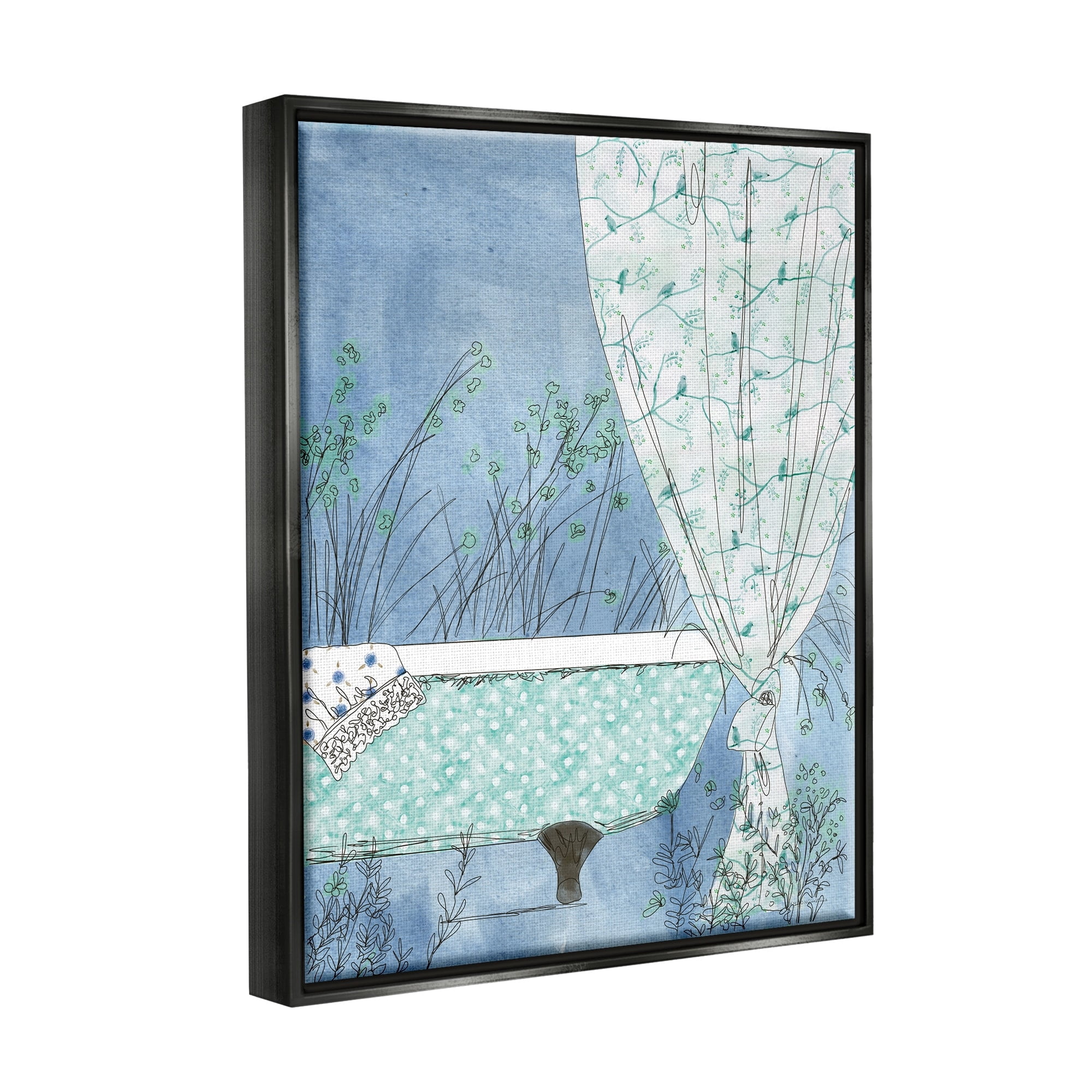 Stupell Industries Delicate Bathroom Claw Tub Curtain Floral Blossom Painting Jet Black Floating Framed Canvas Print Wall Art, Design by Kamdon Kreations