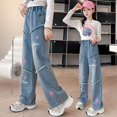 thumbnail image 2 of Gibobby Girls Jeans Baggy Wide Leg Cute Teen Denim Pants Junior Mid Rise Elastic Band with Pockets Casual Clothes Stretch Denim Overalls for Toddler Girls(Blue,8-9 Years), 2 of 9