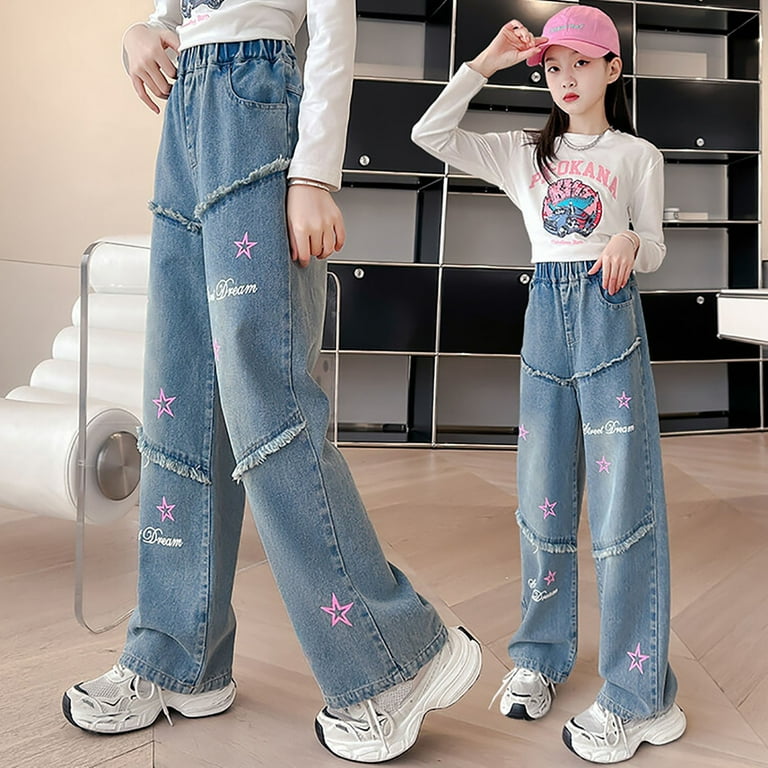 Gibobby Kids Girls Ripped Jeans Washed Elastic Waist Wide Leg - Main Image