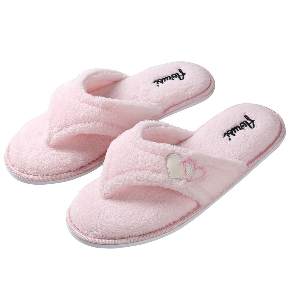 Women's Cozy Heart Soft Plush Thong Slippers with No-Slip Rubber Sole ...